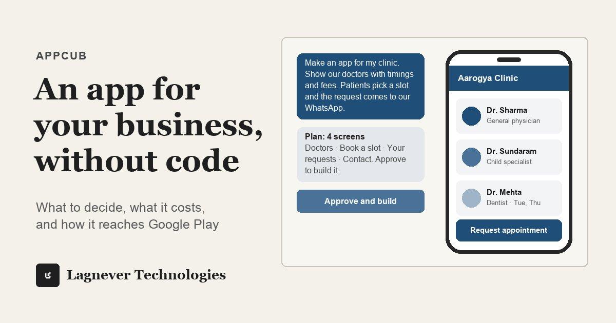 A chat message describing a clinic app next to a phone showing the app AppCub built from it