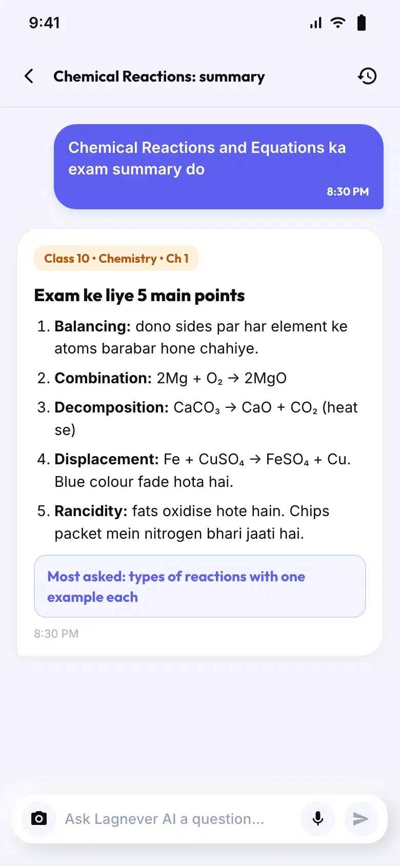 Lagnever AI exam summary of Class 10 Chemical Reactions and Equations with five main points