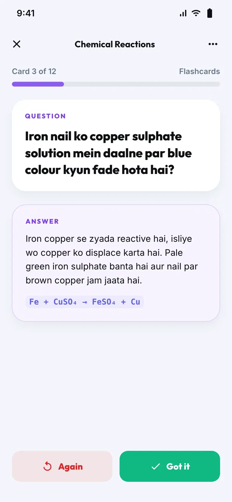 Lagnever AI flashcard asking in Hinglish why copper sulphate solution fades when an iron nail is dipped in it, with the answer