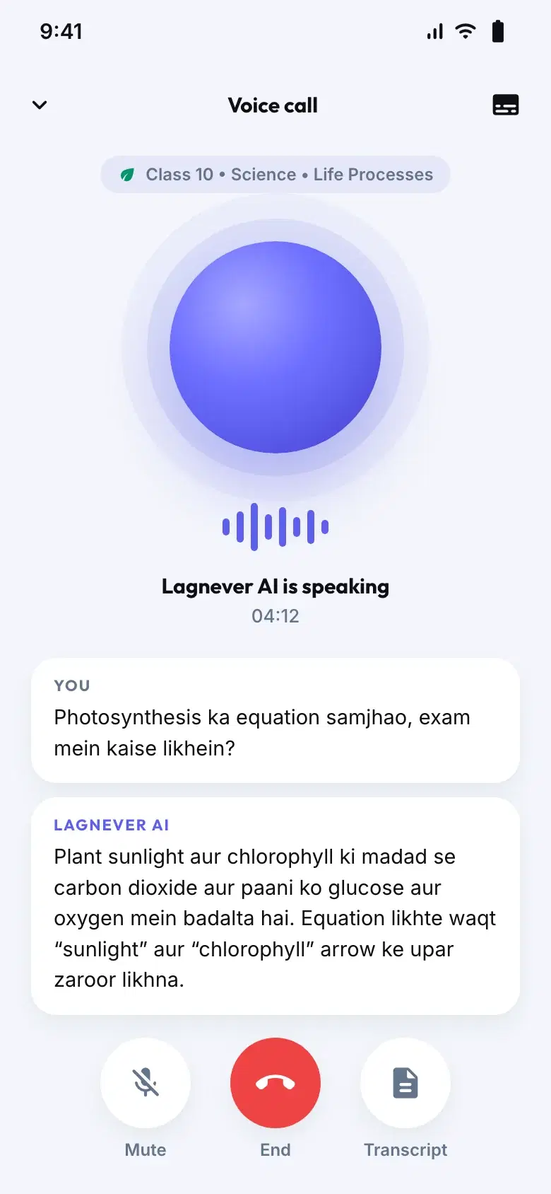 Lagnever AI voice call screen with a live Hinglish transcript of a question about photosynthesis
